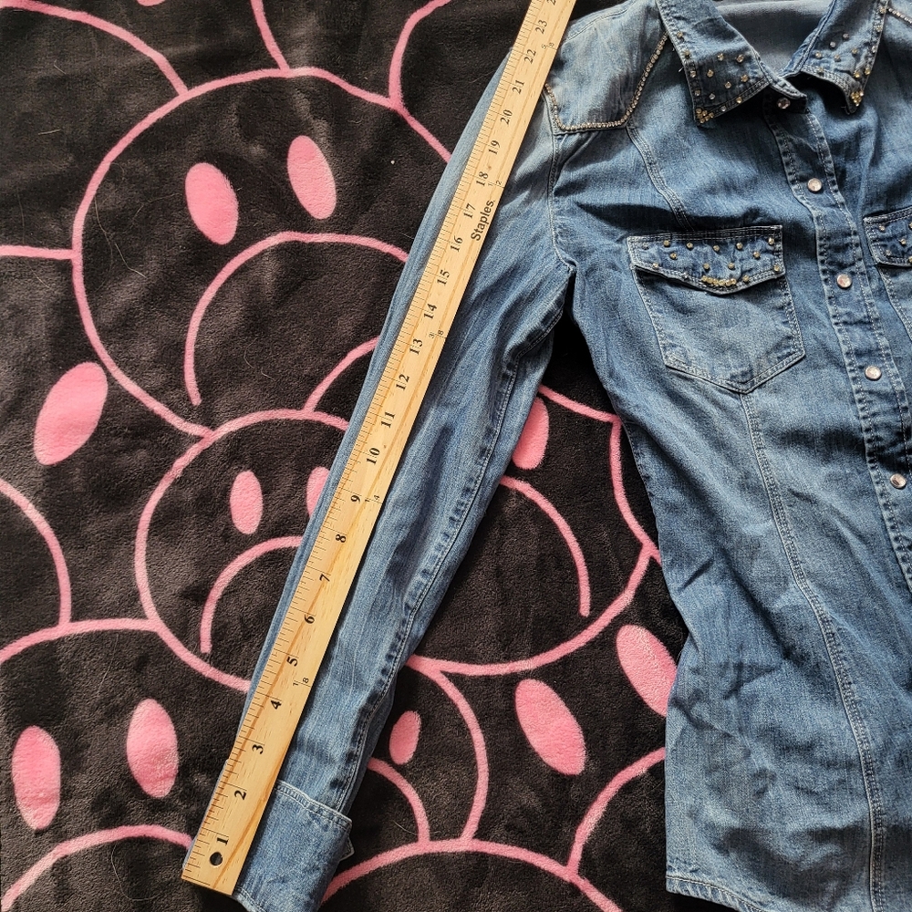 Denim Rhinestone Studded Women's Button Down Jacket - Picture 6 of 8